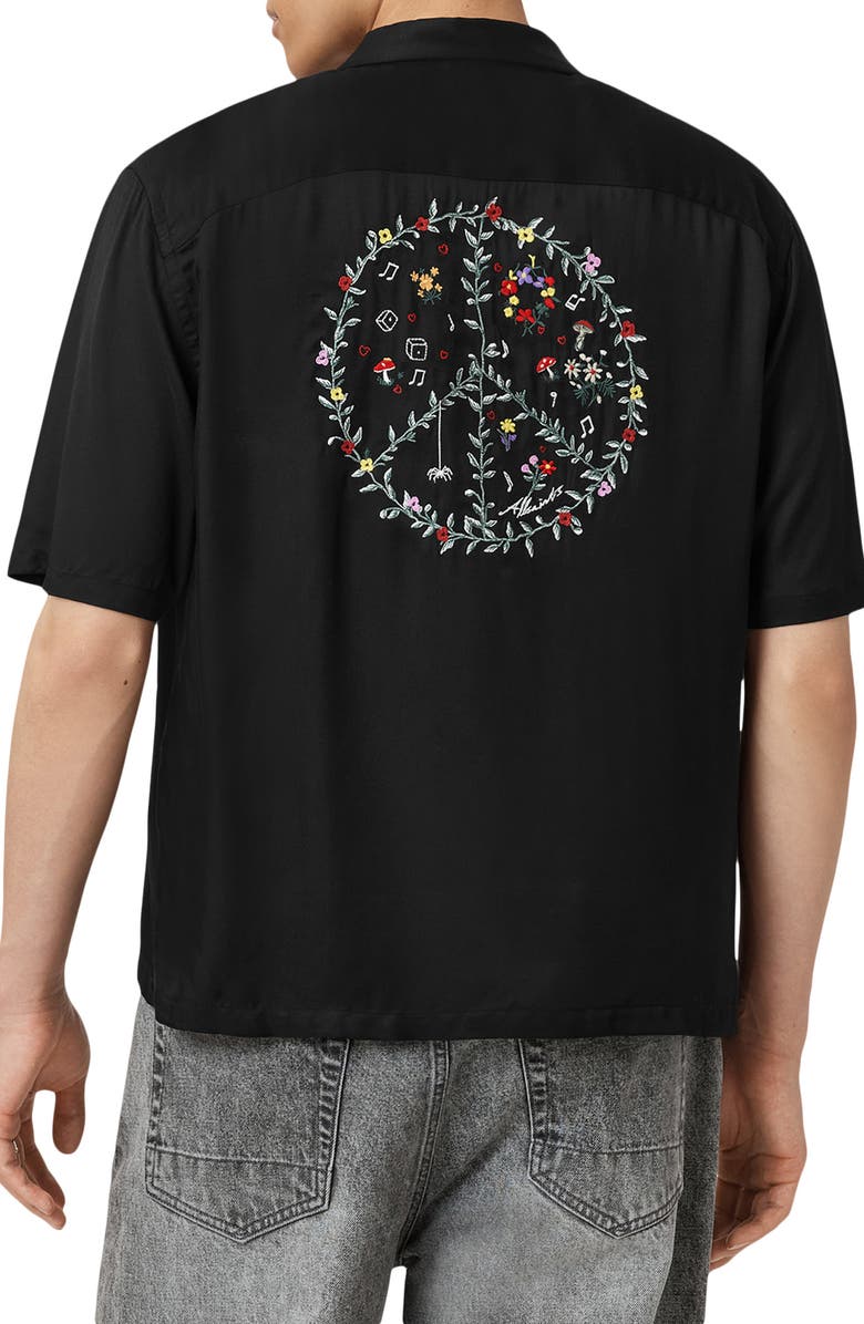 AllSaints Fungi Embroidered Camp Shirt, Alternate, color, Jet Black