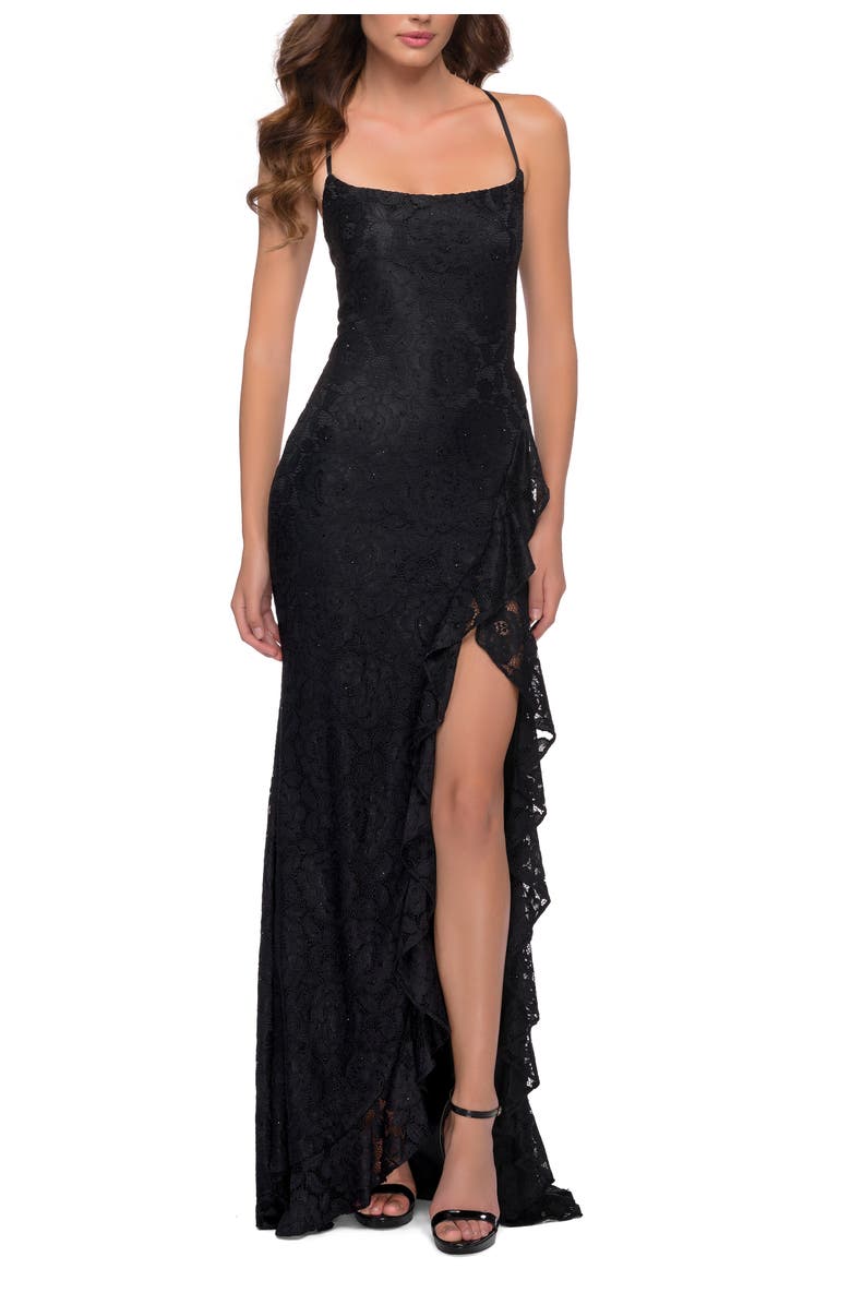 La Femme Stretch Lace Dress with Ruffle Skirt Detail and Slit, Main, color, Black