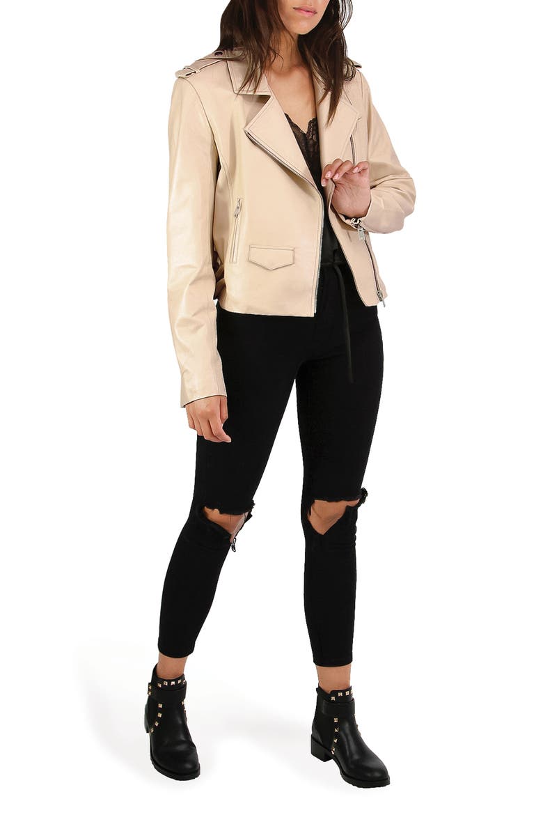 Just Friends Leather Crop Moto Jacket, Alternate, color, SAND