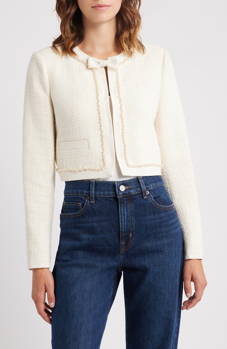 LoveShackFancy Ralphette Beaded Tweed Jacket, Main, color, Cream