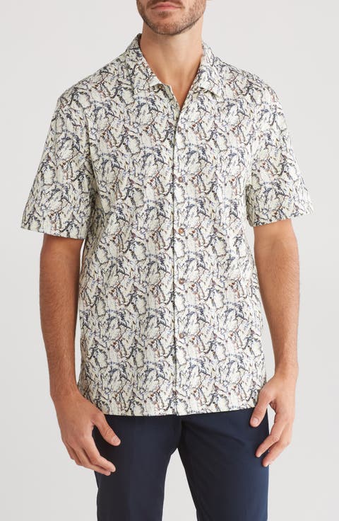 Print Short Sleeve Stretch Cotton Button-Up Shirt