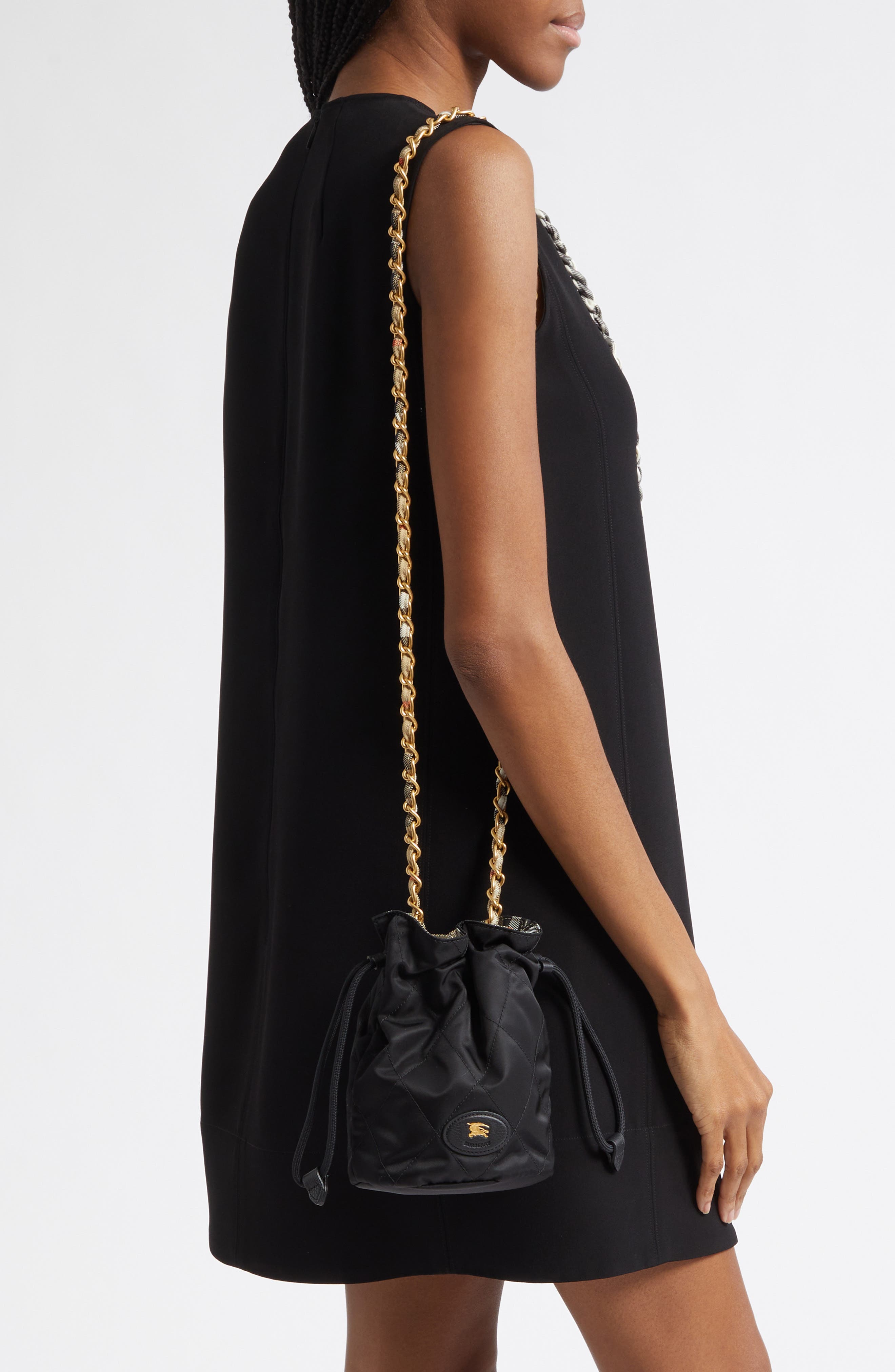 Burberry Horseshoe Quilted Nylon Bucket Bag, Alternate, color, 