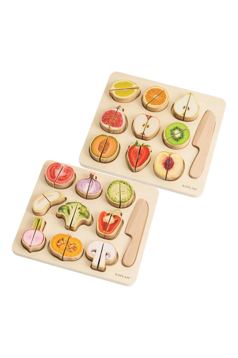 Wooden Slice & Match Fruit & Vegetable Puzzles, Main, color, Beige