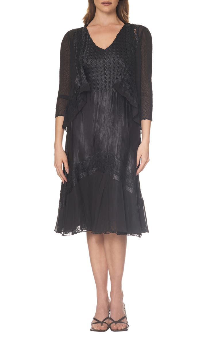 Charmeuse & Chiffon Cocktail Dress with Jacket, Main, color, BLACK
