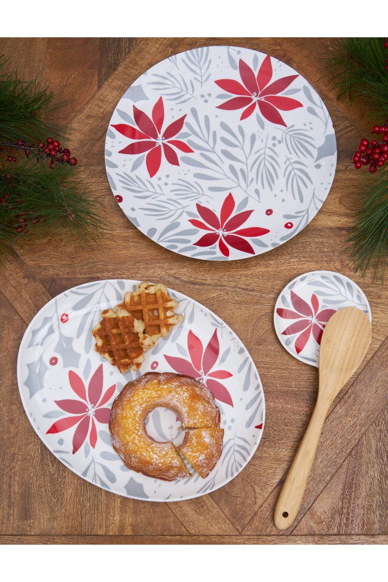 Poinsettia Flower 100% Stoneware Christmas Spoon Rest 5", Alternate, color, White