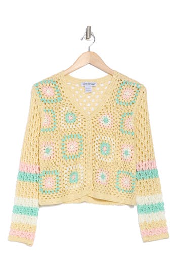 Cotton Emporium Striped Sleeve Patchwork Cardigan In Yellow Combo
