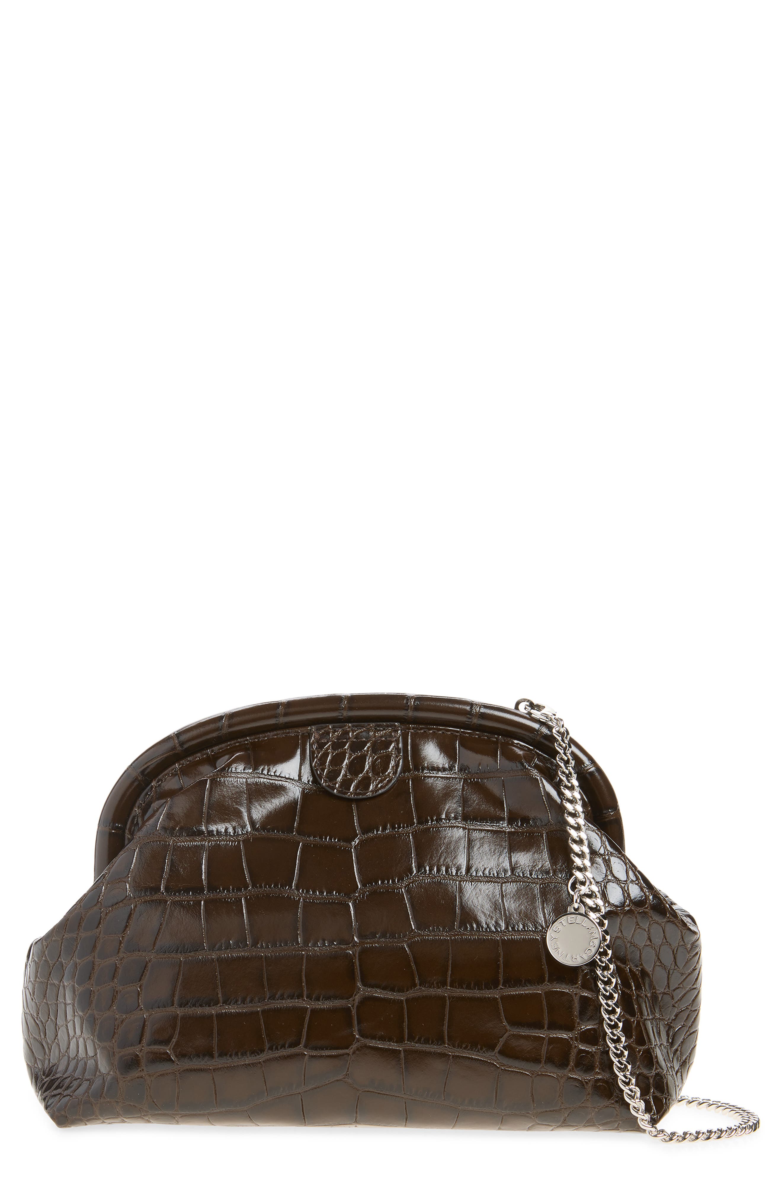 Falabella Croc Embossed Faux Leather Soft Clutch, Main, color, COFFEE