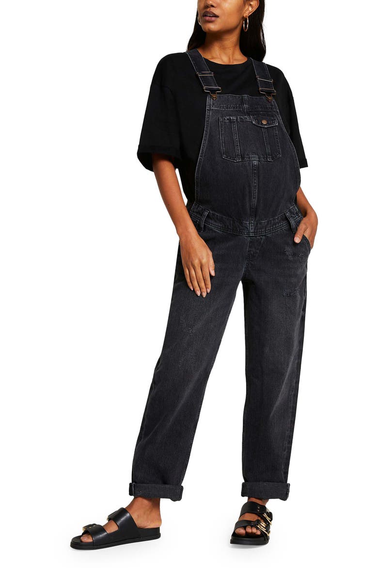 Maternity Nonstretch Denim Overalls, Main, color, BLACK