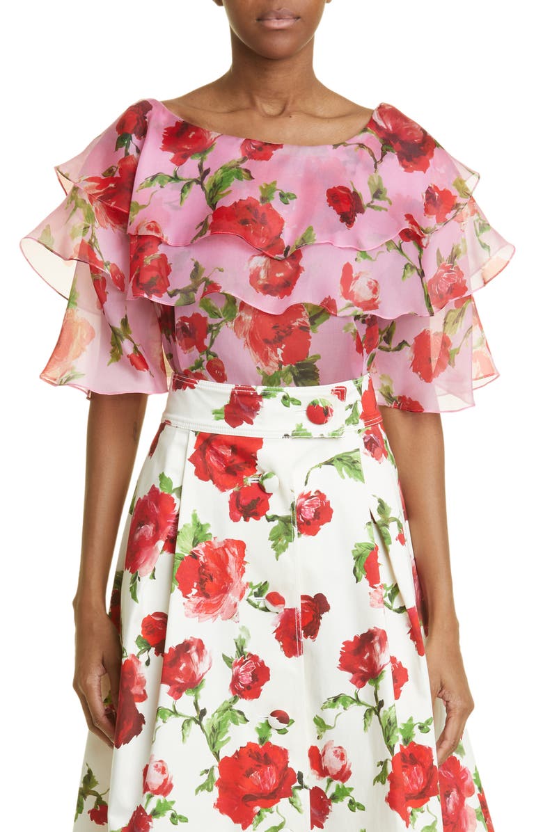 Carolina Herrera Rose Print Tiered Ruffle Silk Organza Top, Main, color, 