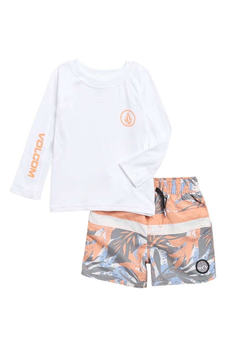 Volcom Rashguard Top & Swim Shorts Set, Main, color, White