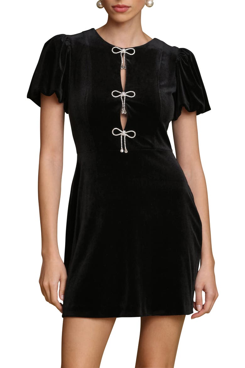 Embellished Bow Velvet Minidress, Alternate, color, BLACK