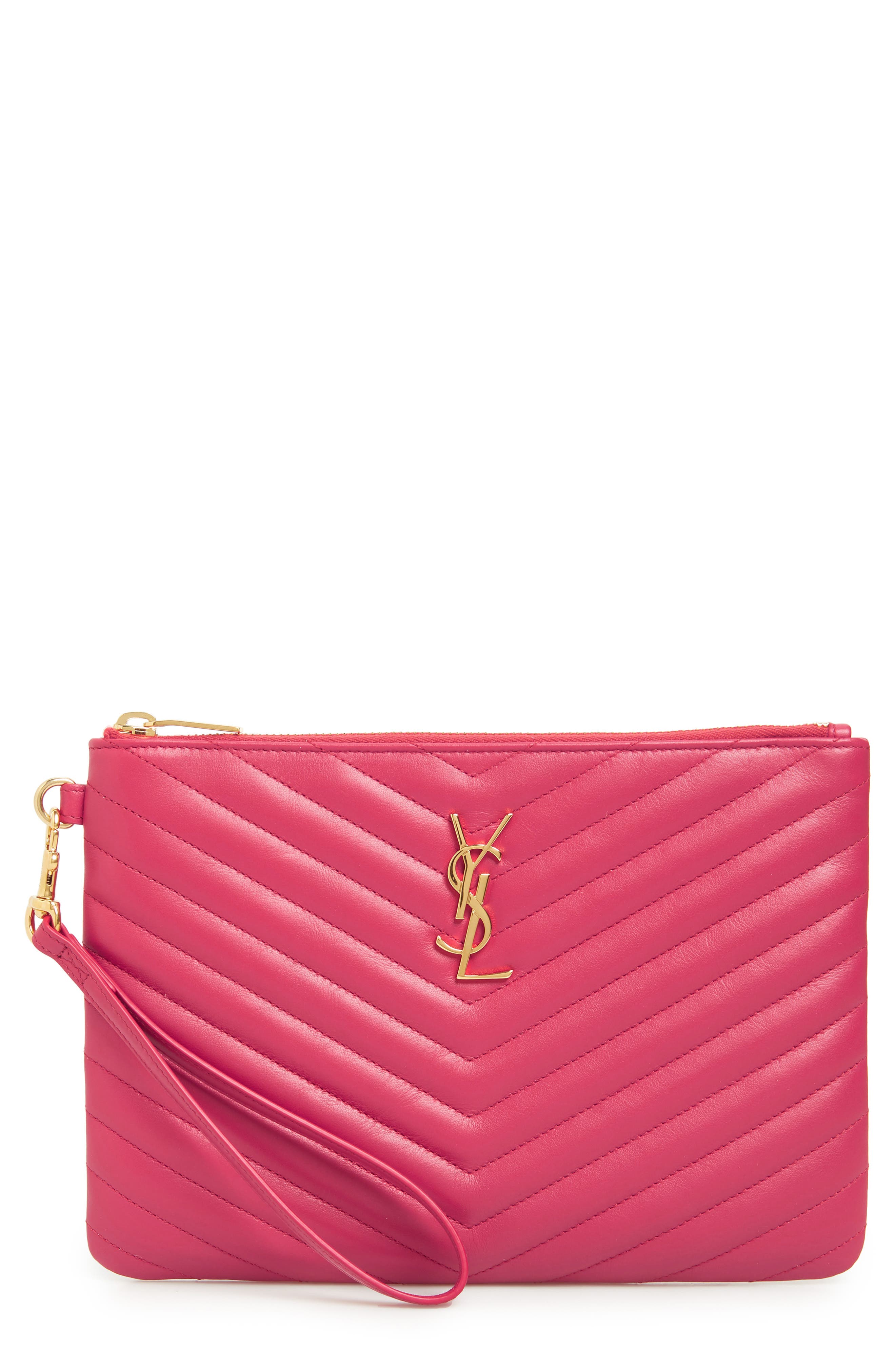 Saint Laurent 'Small Monogram' Print Leather Wristlet, Main, color, 