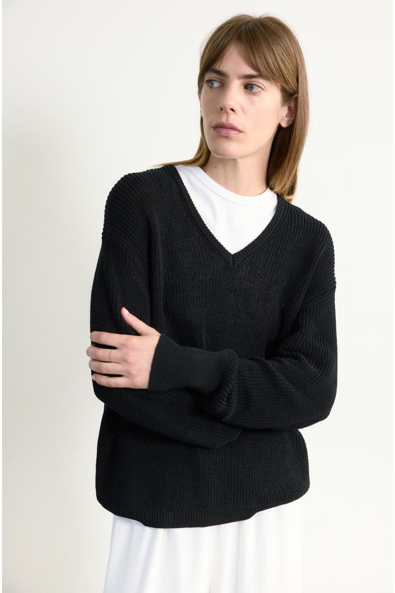 Cotton Mesh V Neck Sweater, Alternate, color, Black