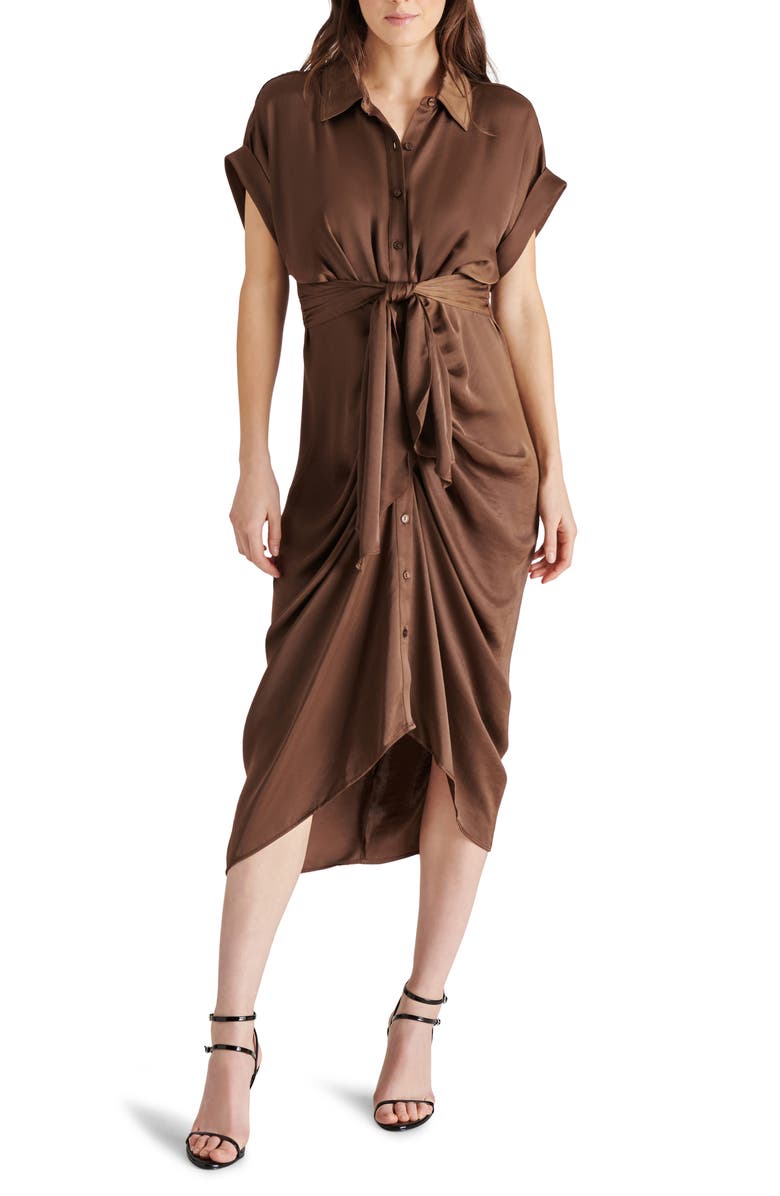 Steve Madden Tori Tie Waist Satin Midi Shirtdress, Main, color, Coco