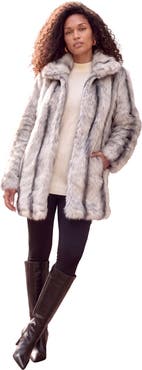 Roaman's Plus Size Mid Length Hooded Faux Fur Coat