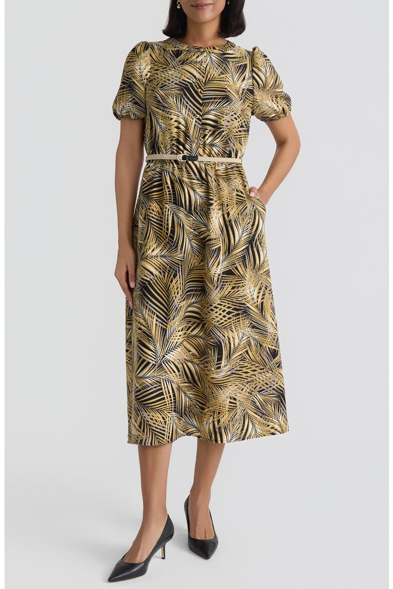 Palm Print Belted Midi Shirtdress, Main, color, BLACK MULTI