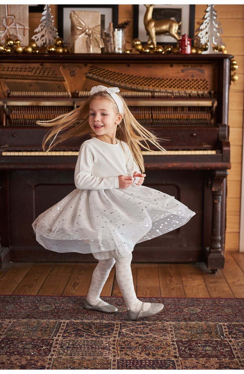 Deux par Deux Baby Girl's Bi-Material Dress With Glittering Tulle Skirt Off White, Alternate, color,
