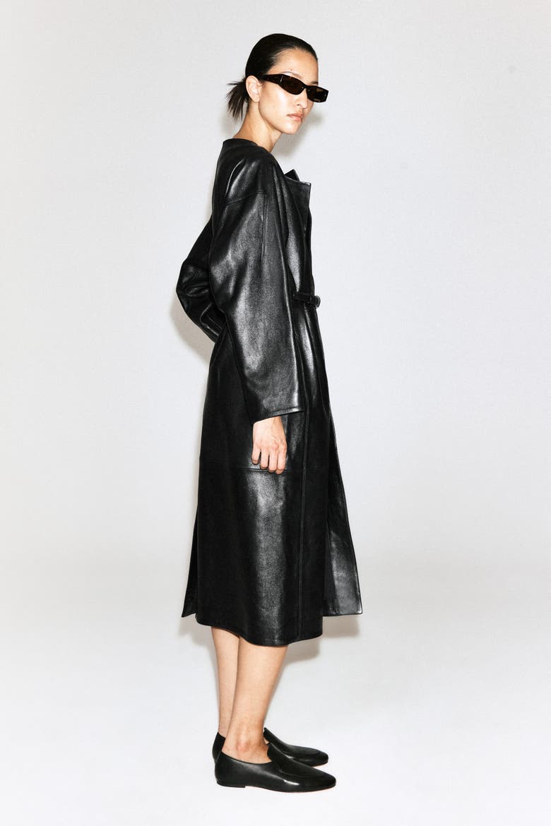 Paneled Leather Long Coat, Alternate, color, BLACK