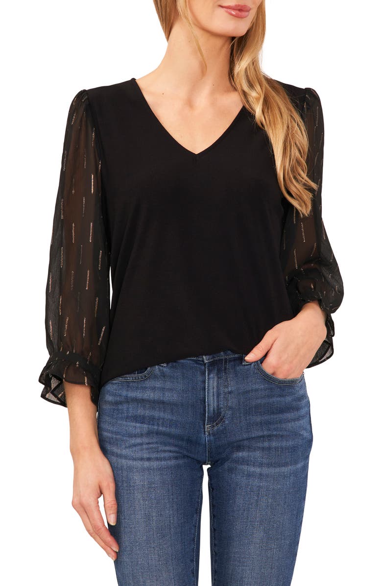 CeCe V-Neck Mixed Media Top, Main, color,