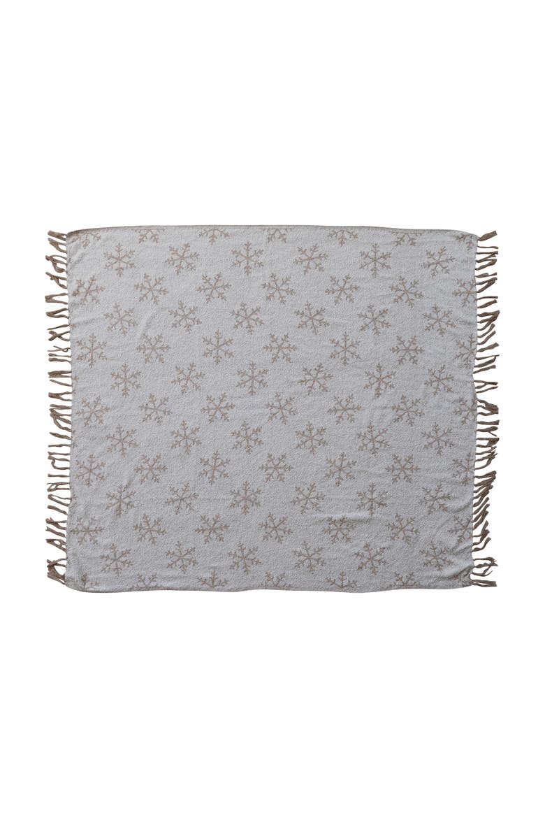 Woven Jacquard Throw with Snowflake Pattern and Fringe, Main, color, Beige
