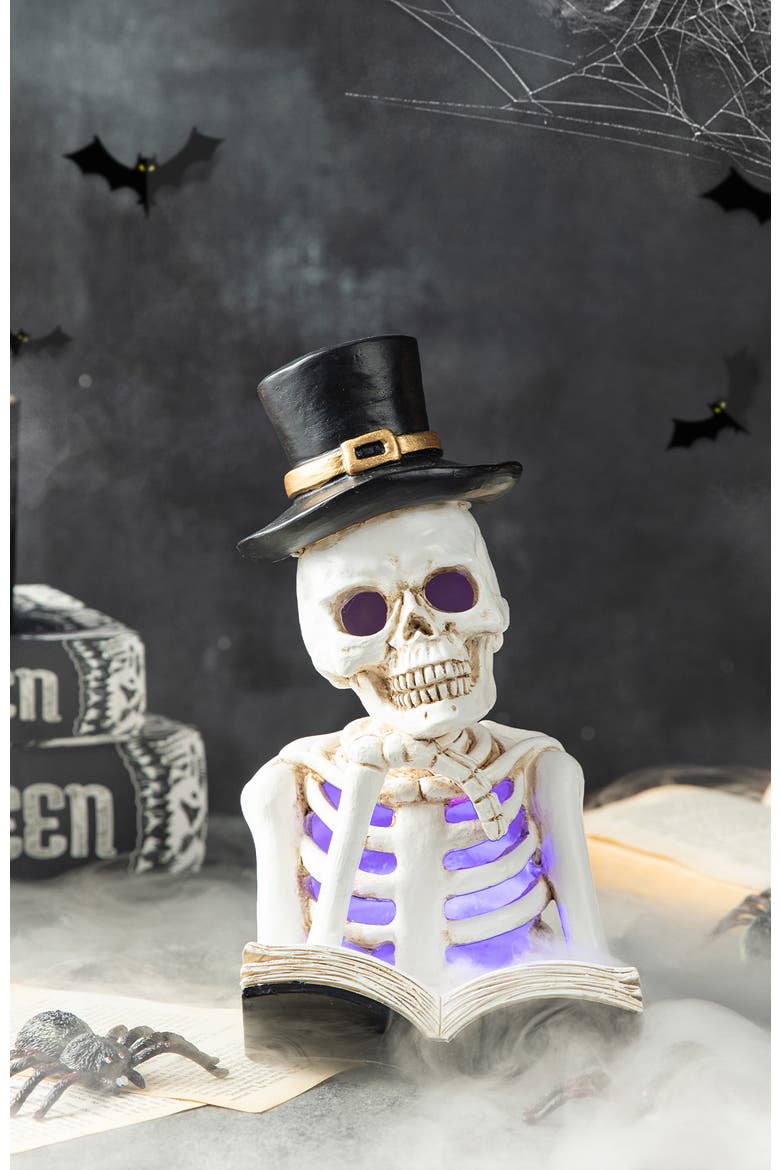 10.25"H Halloween Lighted Resin Skull Reading Book Table Decor, Alternate, color, White