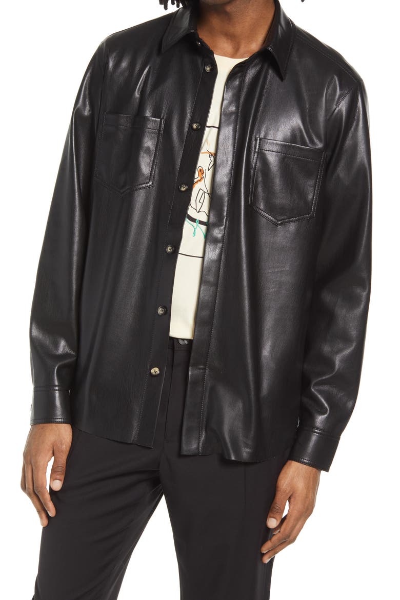 Declan Faux Leather Button-Up Shirt, Main, color, BLACK