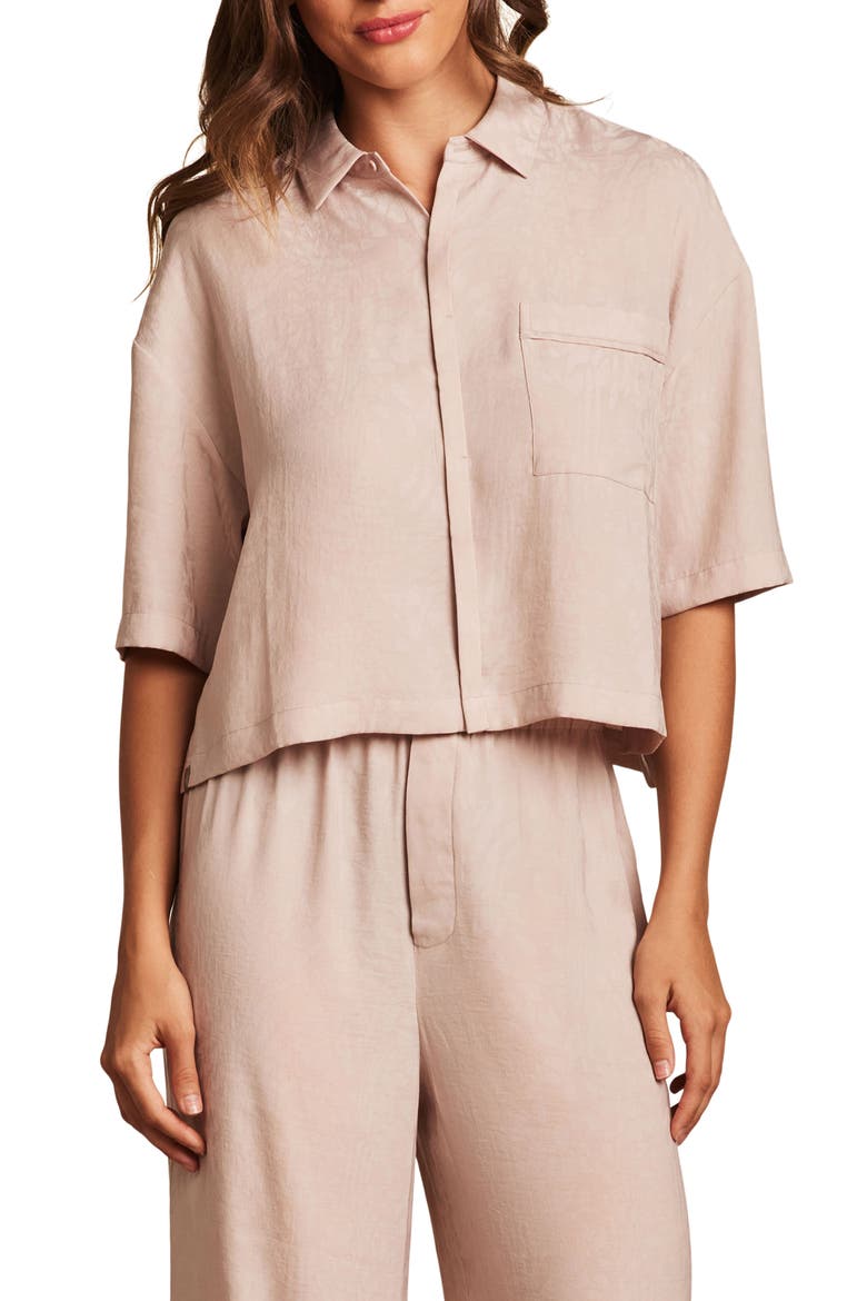 Washed Satin Jacquard Crop Lounge Shirt, Main, color, FEATHER