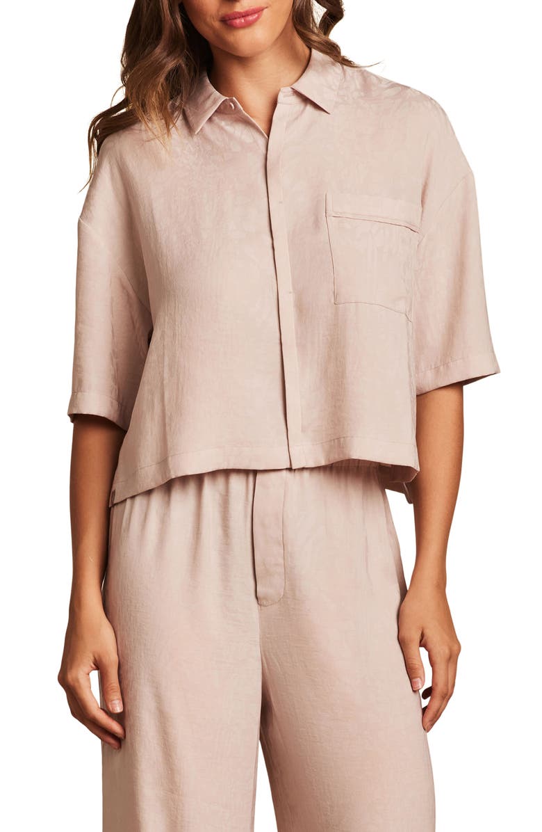 Barefoot Dreams<sup>®</sup> Washed Satin Jacquard Crop Lounge Shirt, Main, color, Feather