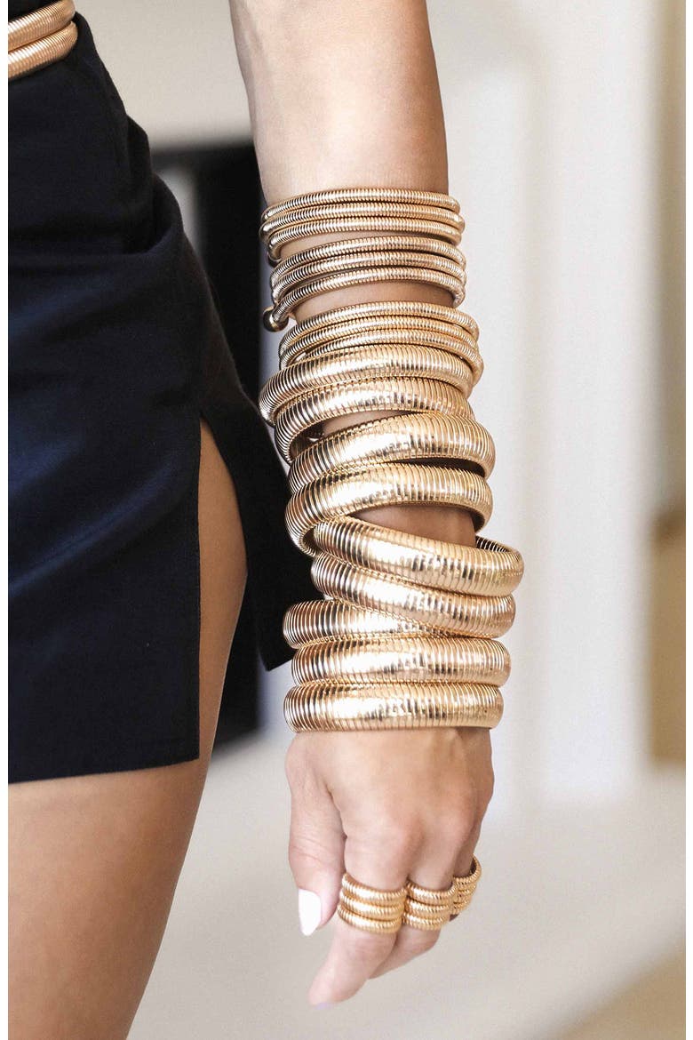 Set of 3 Two Tone Stretch Cuff Bracelets, Alternate, color, GOLD
