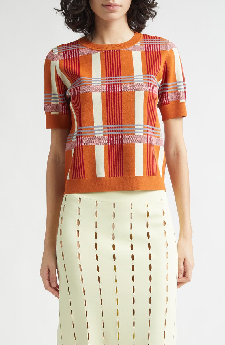ZANKOV Leo Jacquard Check Short Sleeve Fitted Sweater, Main, color, Rust