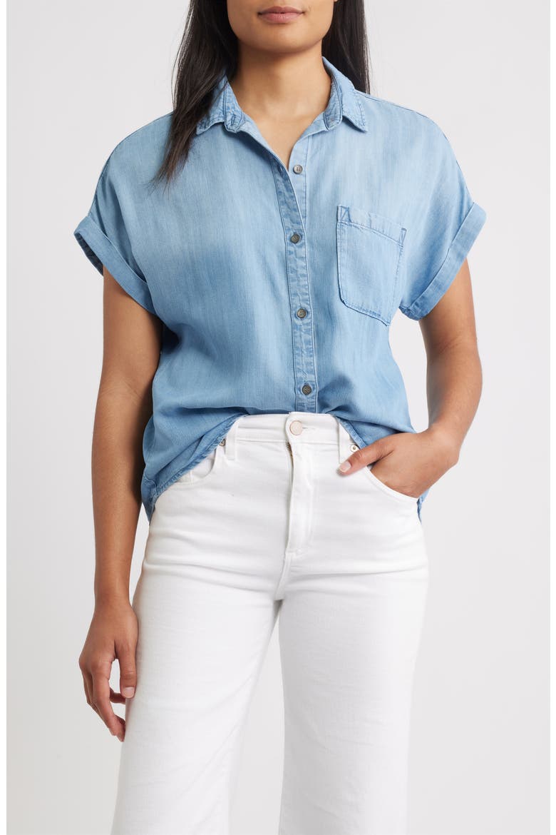 Washed Chambray Short Sleeve Button-Up Shirt, Main, color, WORN BLUE WASH