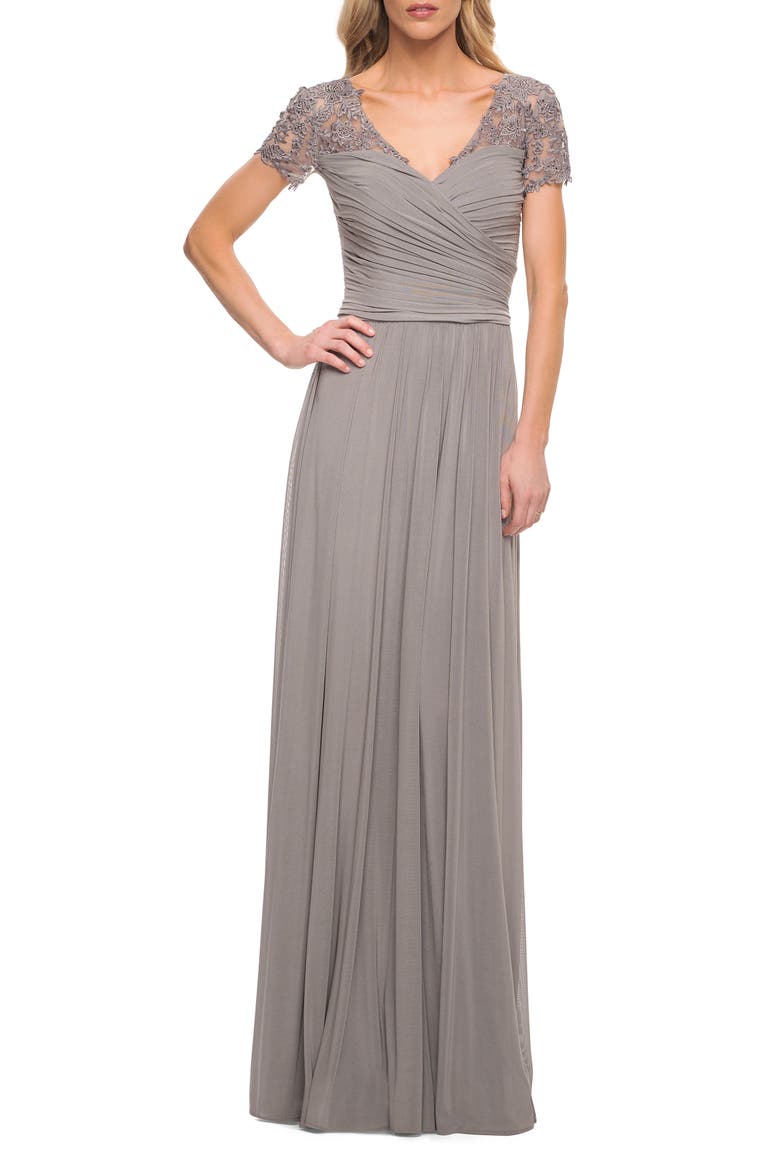 Jersey Long Evening Dress with Short Lace Sleeves, Alternate, color, SILVER