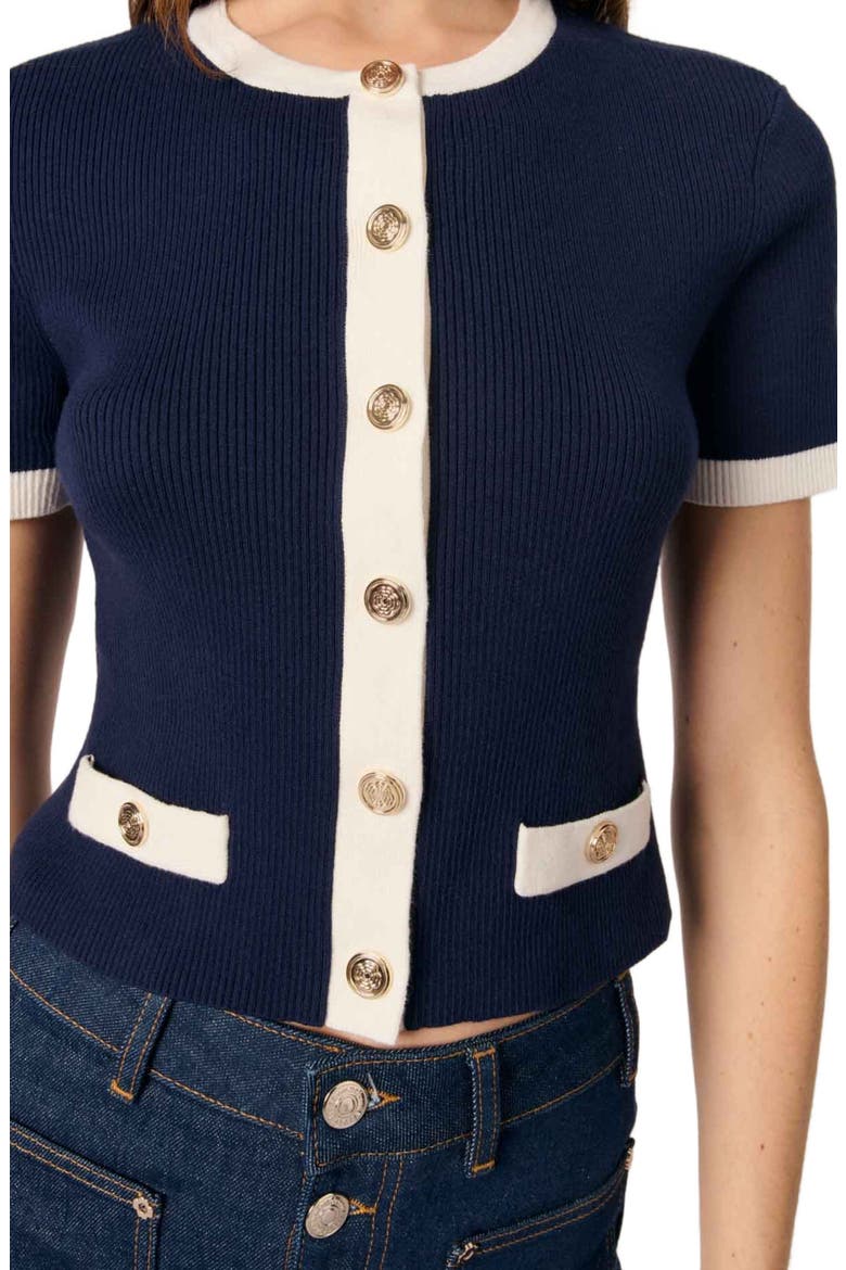 Cropped short sleeve cardigan, Alternate, color, Navy / ecru