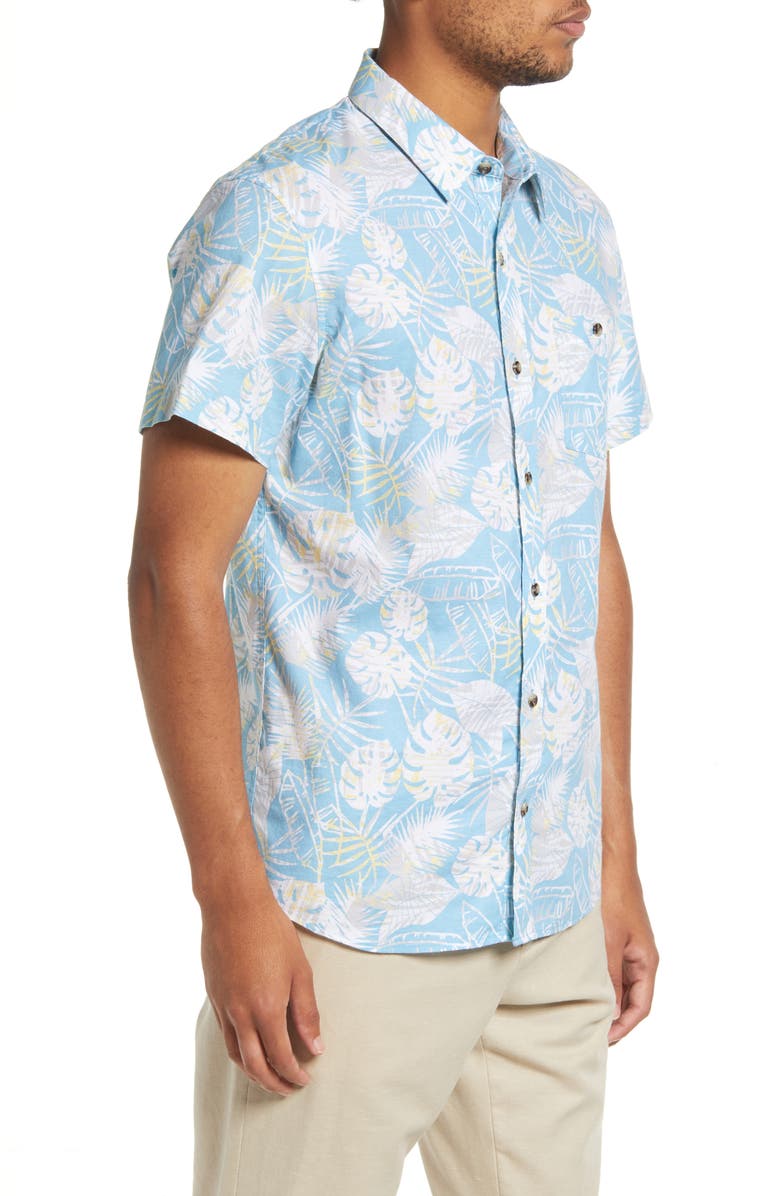 TravisMathew Men's Lift a Glass Leaf Print Stretch Short Sleeve Button-Up Shirt, Alternate, color,