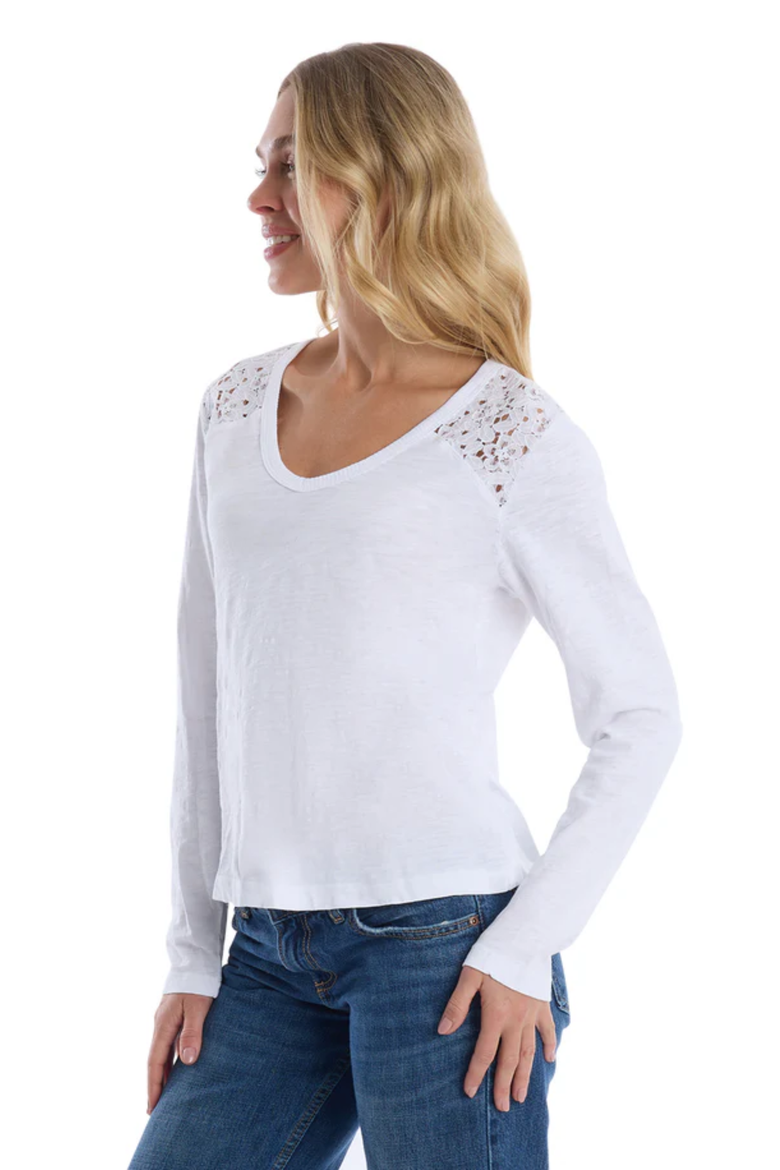 V-Neck Long Sleeve Mixed Media Tee with Lace Inset, Alternate, color, White