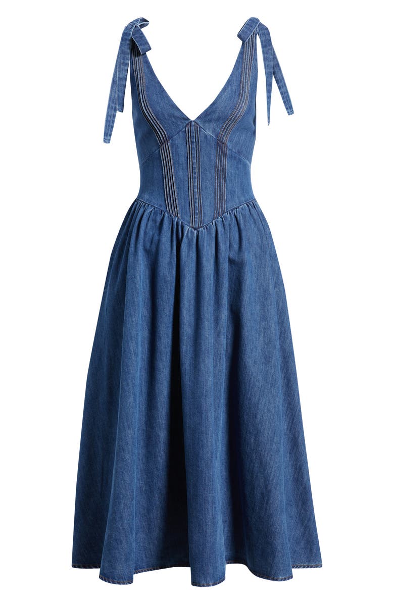 FREEMARKET Plunge Neck Tie Shoulder Denim Midi Dress, Main, color, Denim