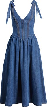 FREEMARKET Plunge Neck Tie Shoulder Denim Midi Dress
