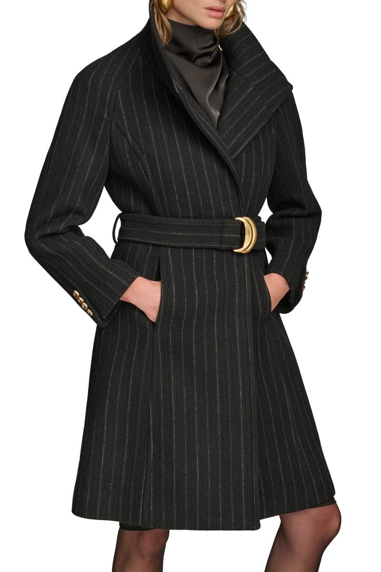 Belted Wool Wrap Coat, Alternate, color, BLACK PINSTRIPE