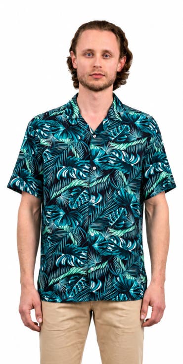 Tropical Print Button-Down Hawaiian Camp Shirt