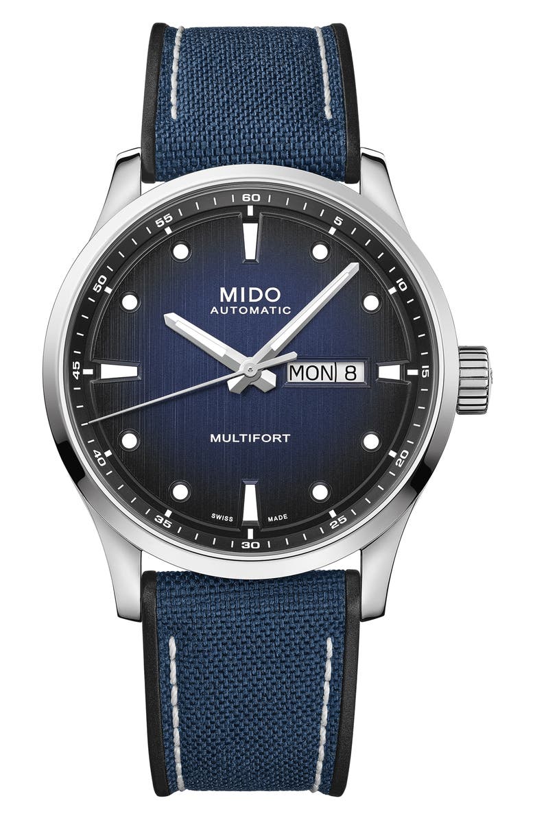 MIDO Multifort Automatic Fabric & Rubber Strap Watch, 42mm, Main, color, Blue Gradient