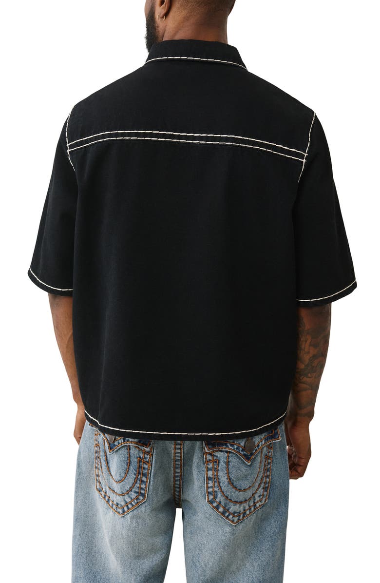 True Religion Super T Oversize Short Sleeve Denim Button-Up Shirt, Alternate, color, Black Rinse