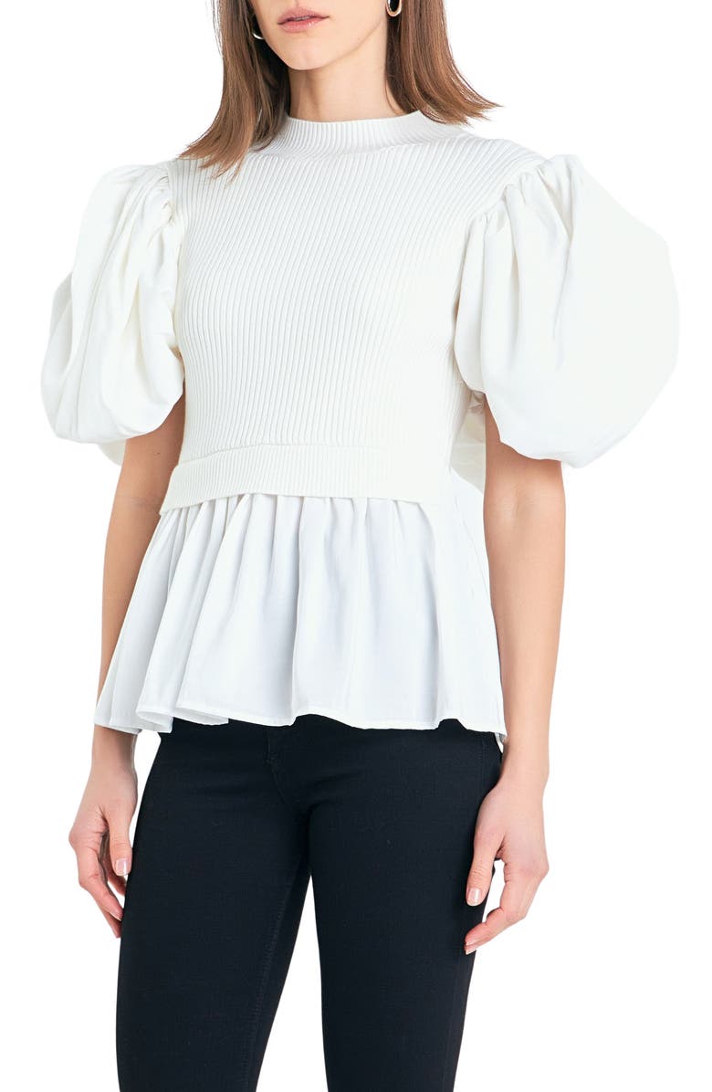 English Factory Mixed Media Puff Sleeve Top, Alternate, color, Ivory