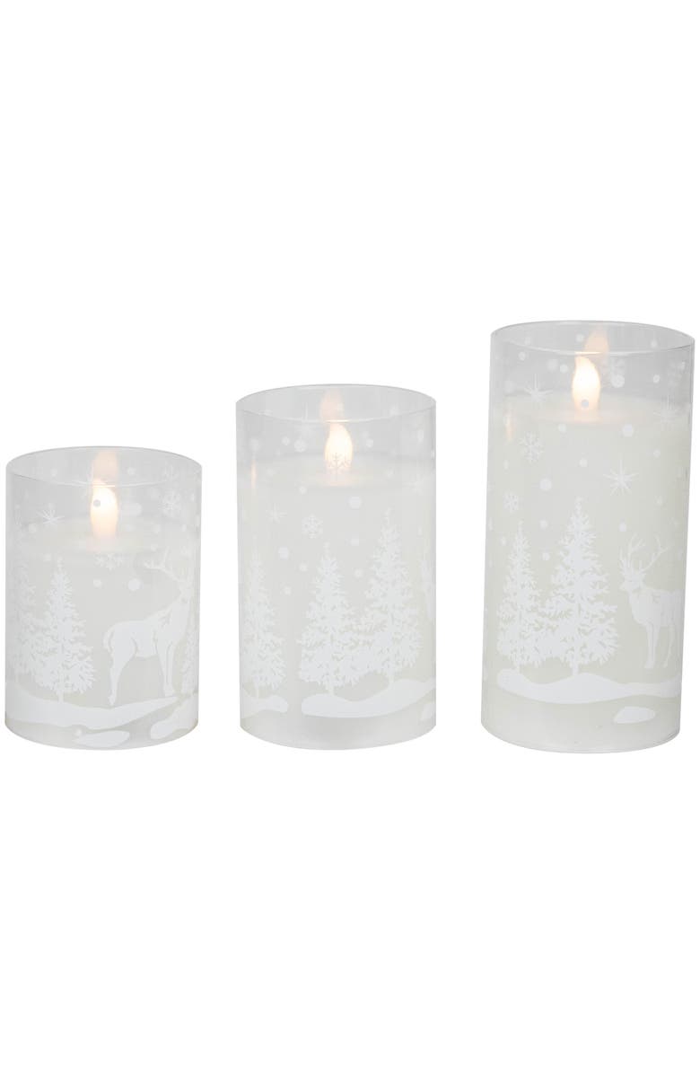 Northlight LED Flameless Flickering Snowy Woodland Glass Christmas Pillar Candles - 6" - Set of 3, Main, color, White