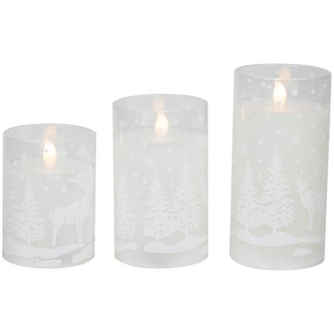 LED Flameless Flickering Snowy Woodland Glass Christmas Pillar Candles - 6" - Set of 3
