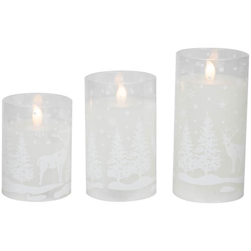 Northlight Led Flameless Flickering Snowy Woodland Glass Christmas Pillar Candles In White