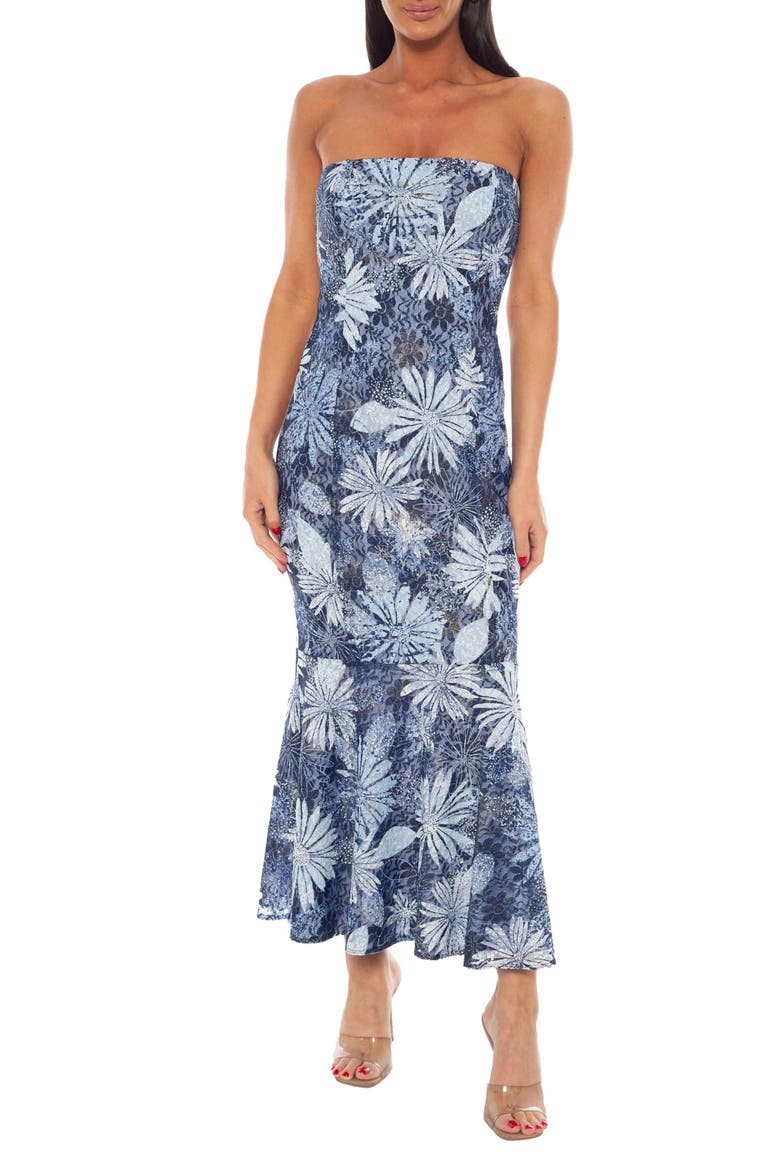 Metallic Floral Print Strapless Dress, Alternate, color, BLUE MULTI