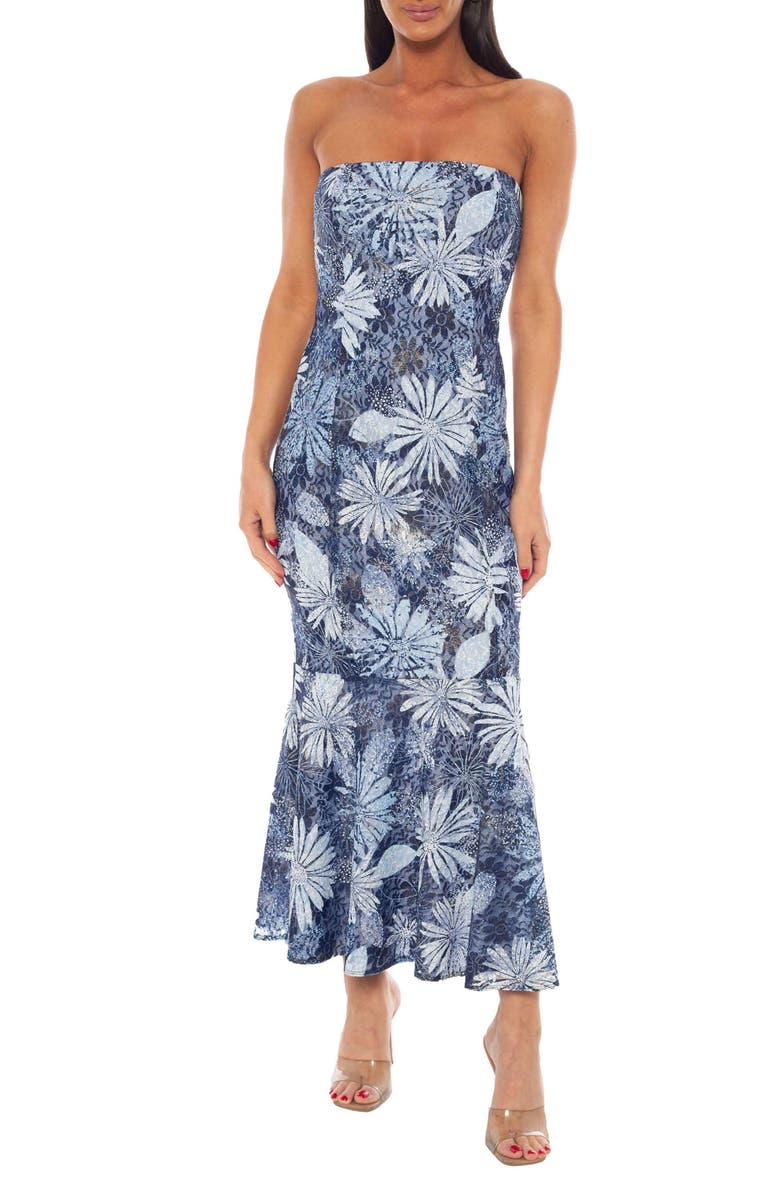 Oleg Cassini Metallic Floral Print Strapless Dress, Alternate, color, Blue Multi