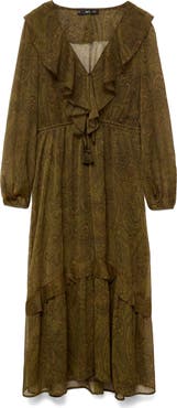 MANGO Paisley Print Ruffle Long Sleeve Maxi Dress