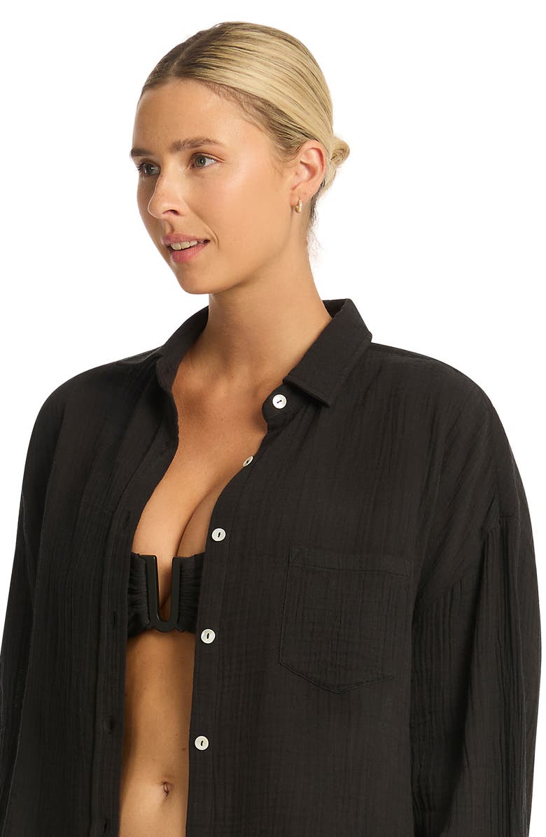Sea Level Sunset Beach Oversize Cotton Cover-Up Shirt, Alternate, color, Black