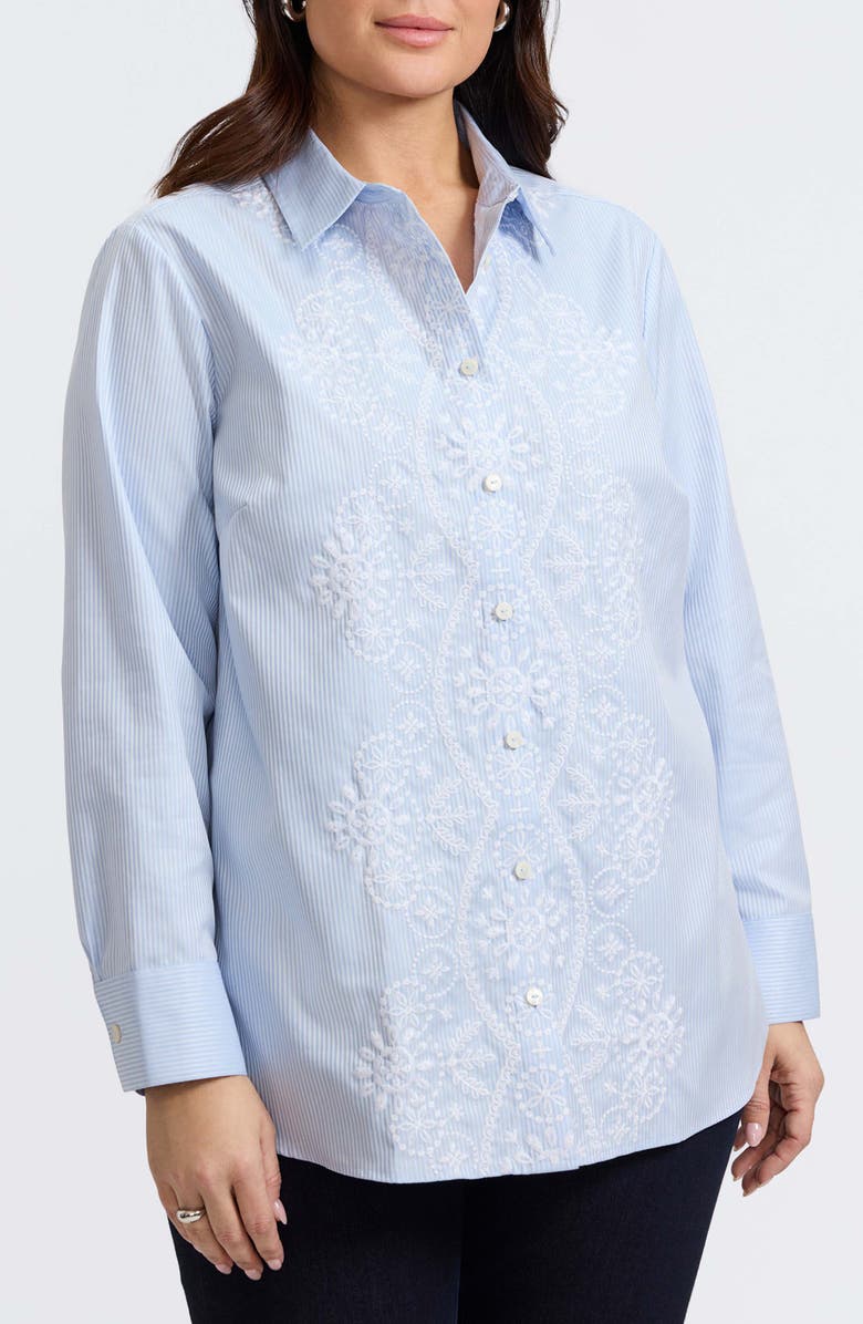 Foxcroft Meghan Stripe Embroidered Cotton Button-Up Shirt, Main, color, 